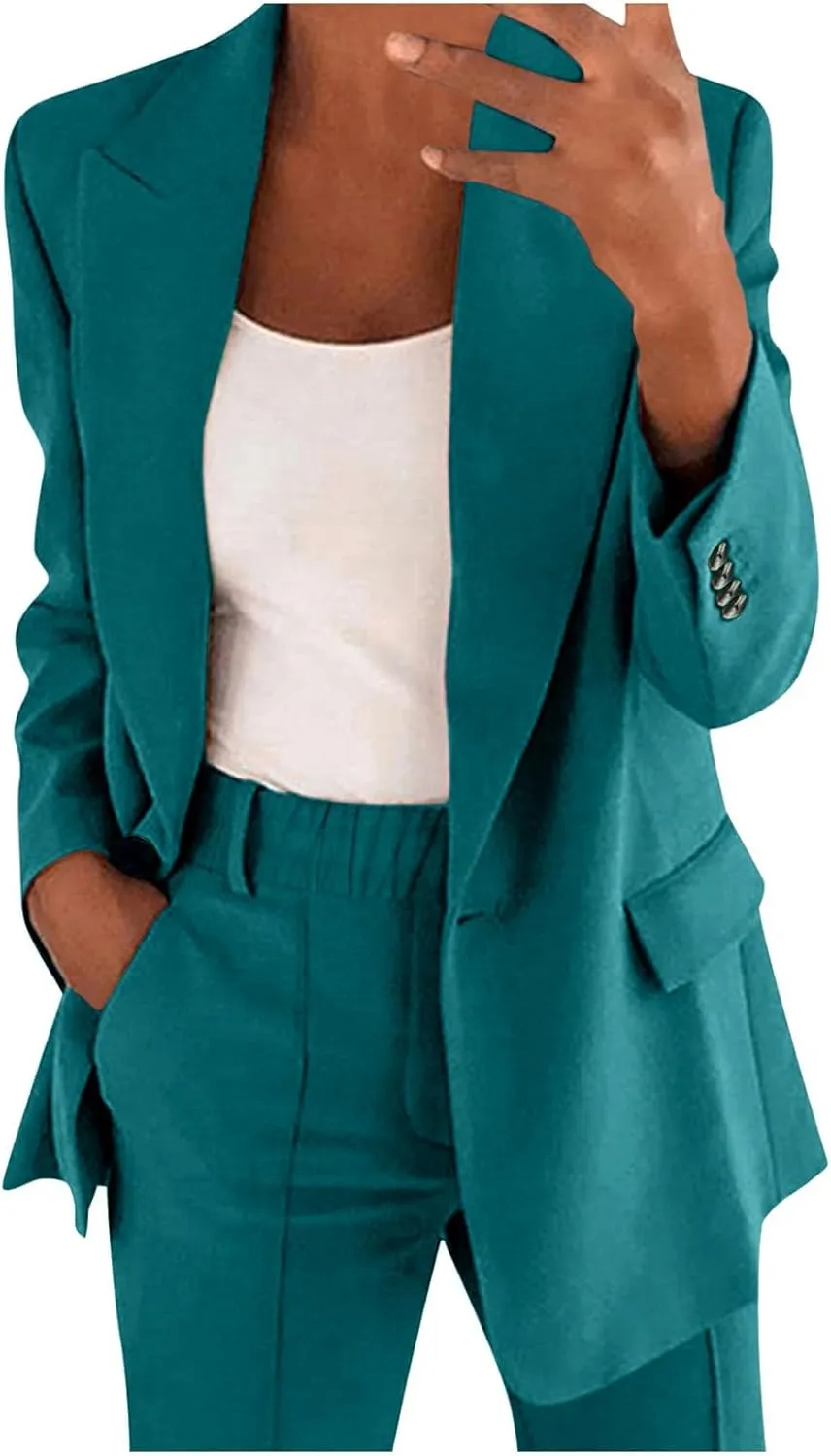 2 Piece Outfits for Women Dressy Blazer Jackets High Waisted Straight Leg Pants Suits Set Business Casual Work