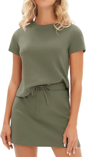 2 Piece Sets for Women Going Out Short Sleeve Crewneck Tshirt Set Drawstring Tennis Skort Set Matching Sweatsuits