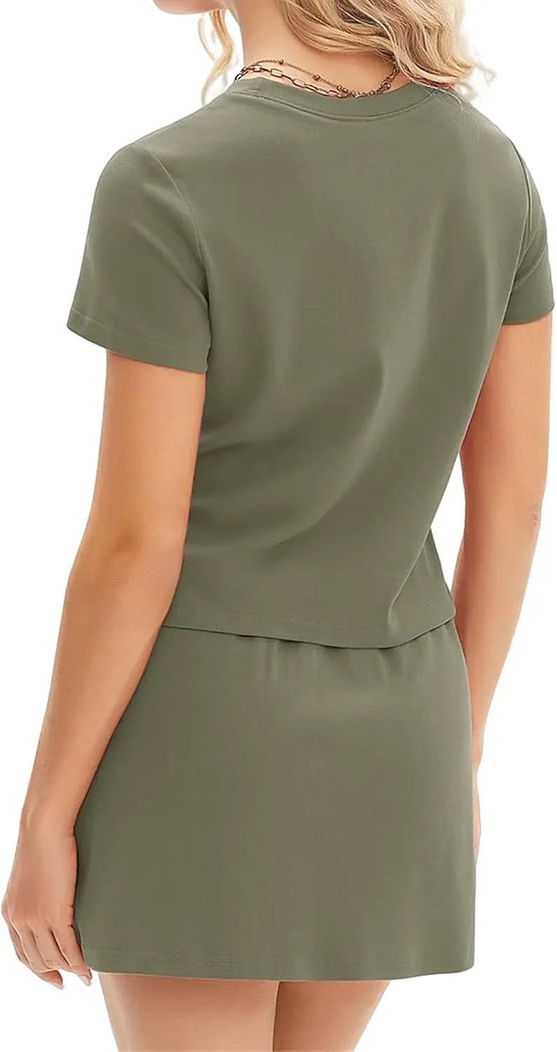 2 Piece Sets for Women Going Out Short Sleeve Crewneck Tshirt Set Drawstring Tennis Skort Set Matching Sweatsuits