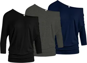 3 Pack Dolman Tops for Women Off The Shoulder Tops Banded Waistband Shirts 3/4 Sleeves Regular and Plus Size Tops Value Pack