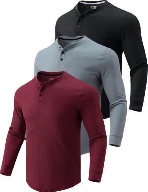 3 Pack Mens Waffle Henley Thermal Long Sleeve Shirts, Casual Fitted Fall Shirts for Men
