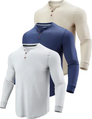 3 Pack Mens Waffle Henley Thermal Long Sleeve Shirts, Casual Fitted Fall Shirts for Men