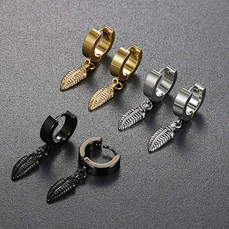 3 Pairs Feather Dangles Gold, Black or Silver Stainless Steel Hip-Hop Punk K-Pop Earrings