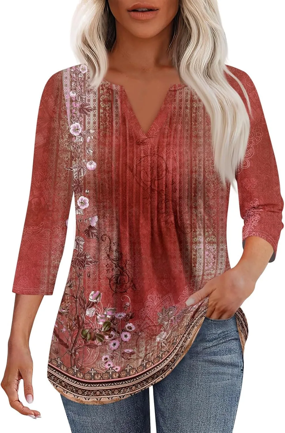 3/4 Sleeve Blouses For Women Dressy Casual V Neck Summer Tops For Women With Leggings Pleated Curved Hem Tunic