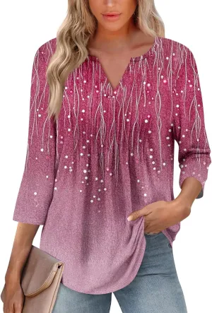 3/4 Sleeve Blouses For Women Dressy Casual V Neck Summer Tops For Women With Leggings Pleated Curved Hem Tunic
