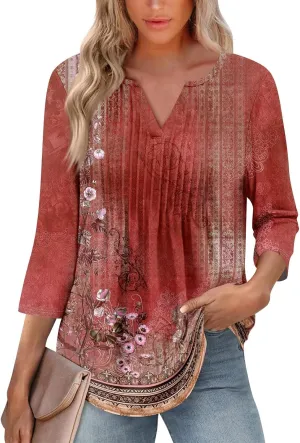 3/4 Sleeve Blouses For Women Dressy Casual V Neck Summer Tops For Women With Leggings Pleated Curved Hem Tunic
