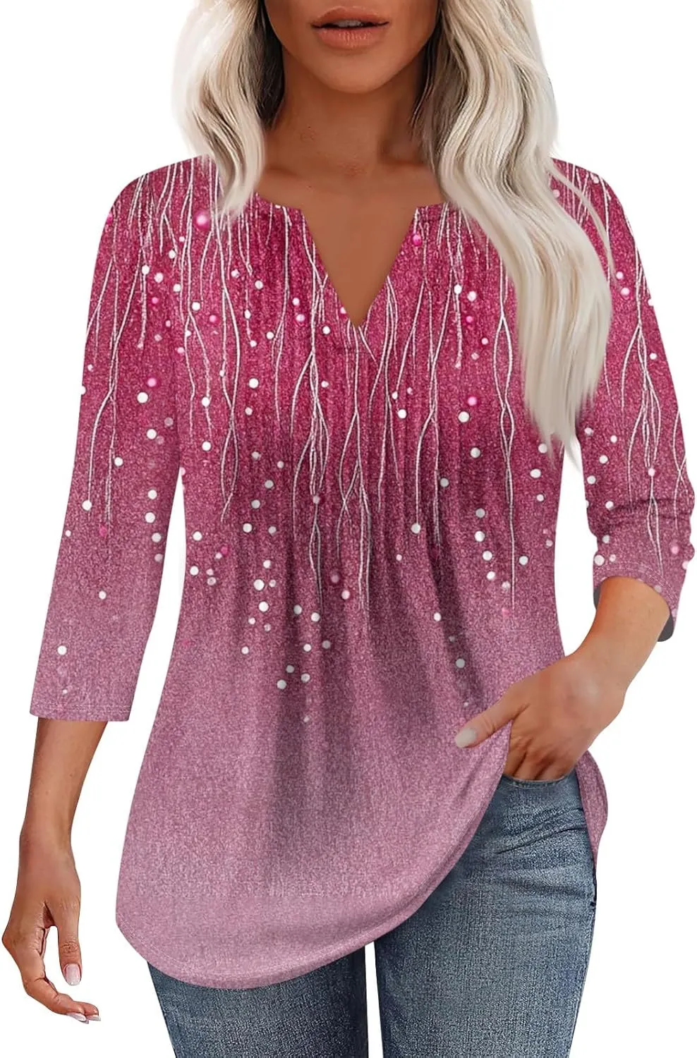 3/4 Sleeve Blouses For Women Dressy Casual V Neck Summer Tops For Women With Leggings Pleated Curved Hem Tunic