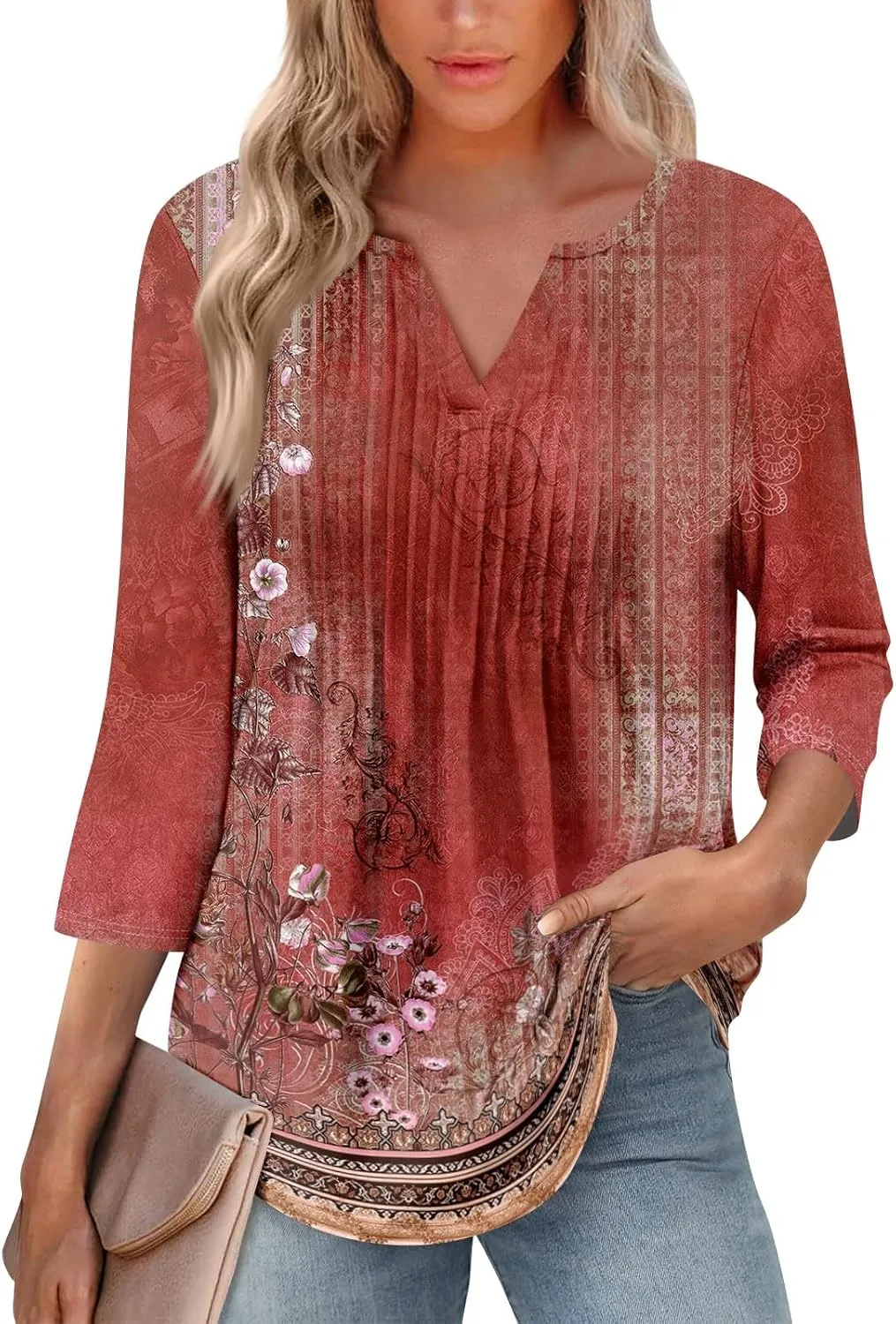 3/4 Sleeve Blouses For Women Dressy Casual V Neck Summer Tops For Women With Leggings Pleated Curved Hem Tunic