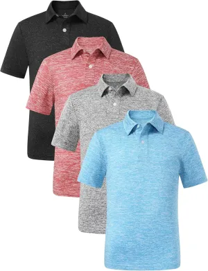 4 Pack Boys Short Sleeve Polo Shirts Dry Fit Athletic Performance Collared Golf Shirts for Youth