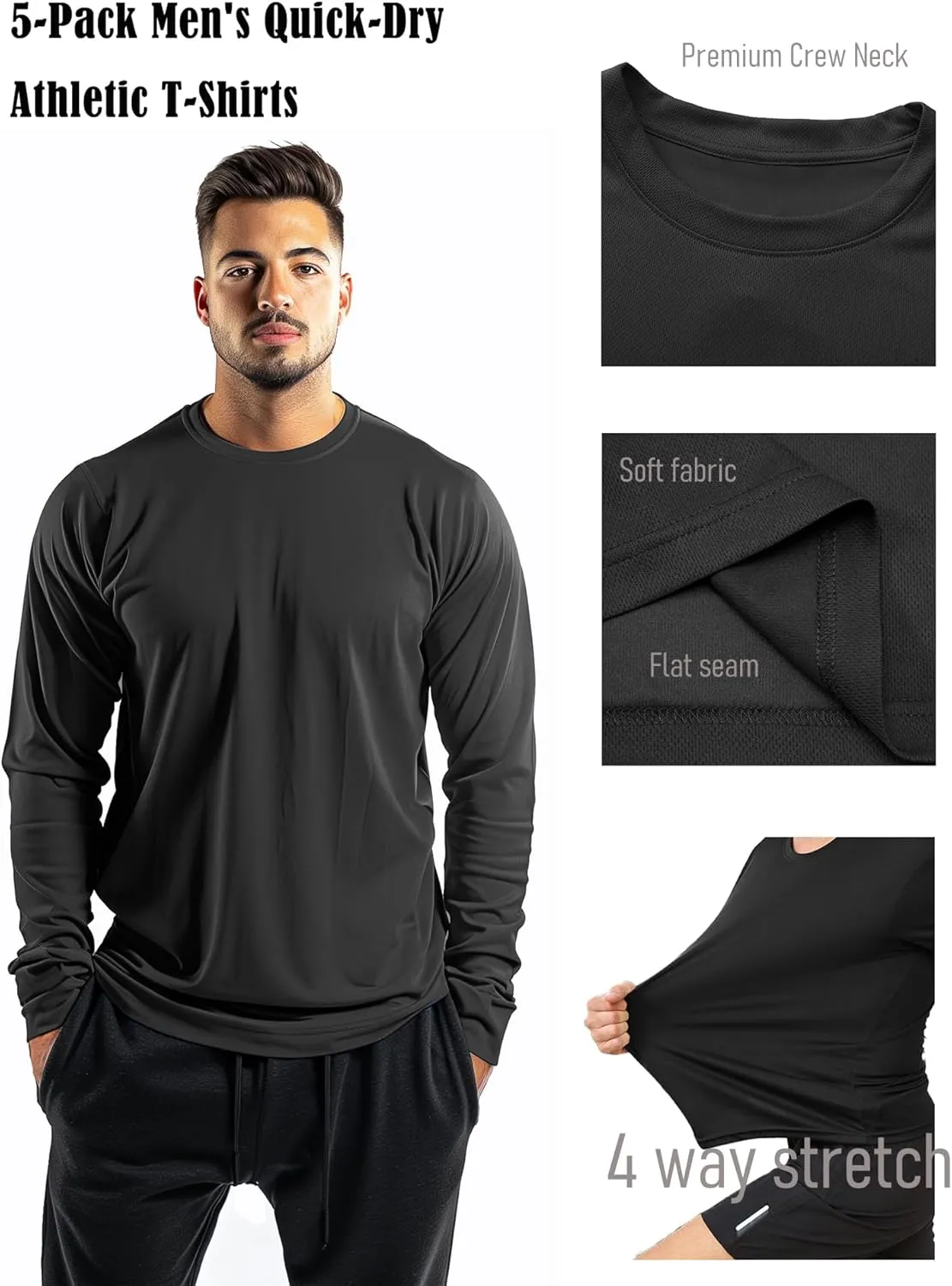 5 Pack Mens Long Sleeve Shirts Quick Dry Moisture Wicking Athletic Running Gym Workout T Shirts