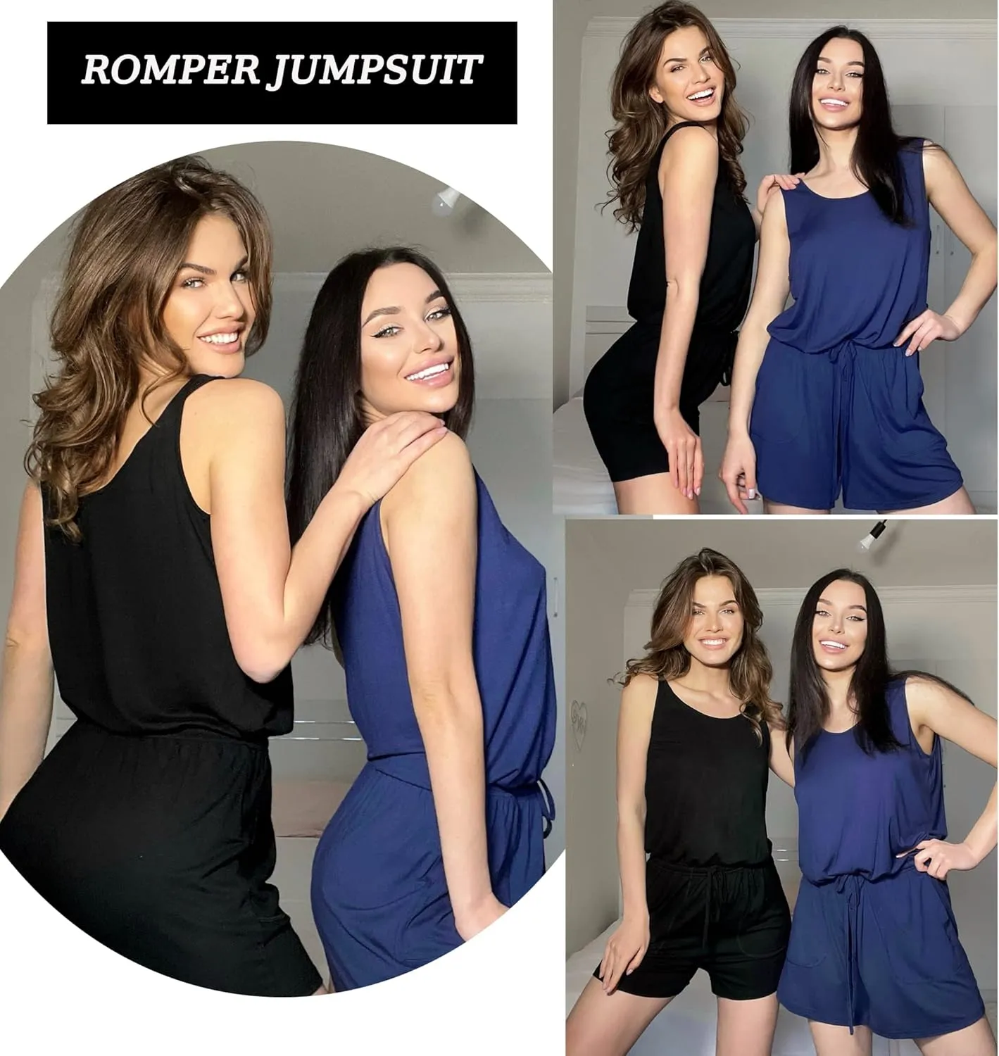 ADOME Rompers for Women Summer Sleeveless Scoop Neck Tank Top Casual Short Jumpsuit Rompers with Pockets