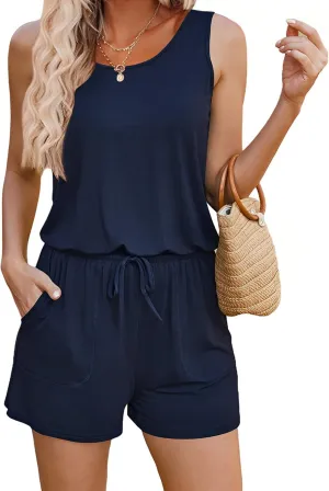 ADOME Rompers for Women Summer Sleeveless Scoop Neck Tank Top Casual Short Jumpsuit Rompers with Pockets