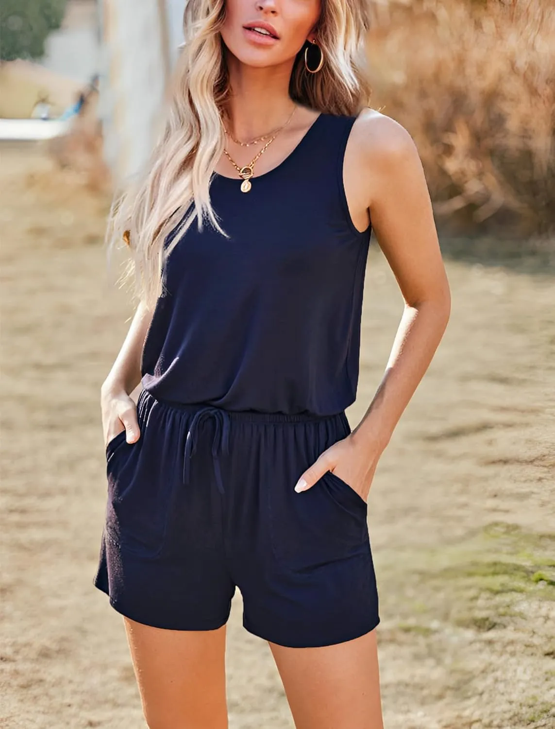 ADOME Rompers for Women Summer Sleeveless Scoop Neck Tank Top Casual Short Jumpsuit Rompers with Pockets