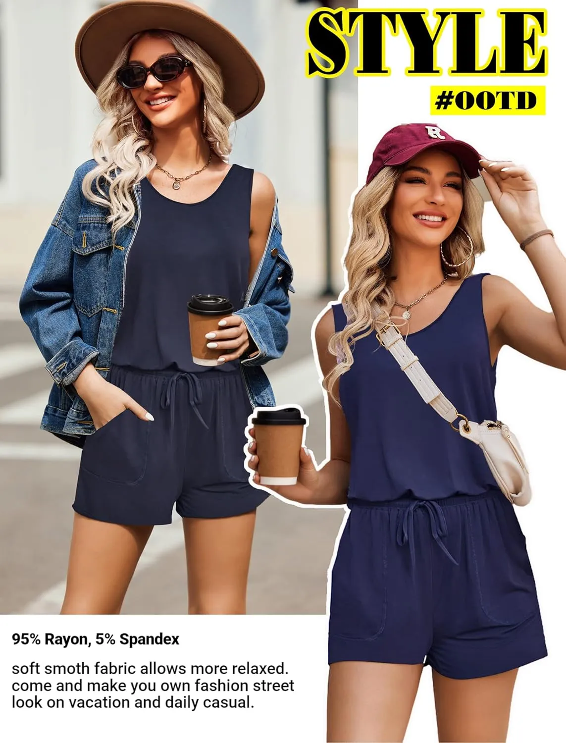 ADOME Rompers for Women Summer Sleeveless Scoop Neck Tank Top Casual Short Jumpsuit Rompers with Pockets