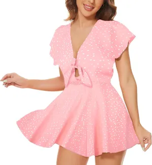 AGQT Women's Sexy V-Neck Self-Tie Front Romper Short Jumpsuit Playsuit Mini Outfit Dress Boho