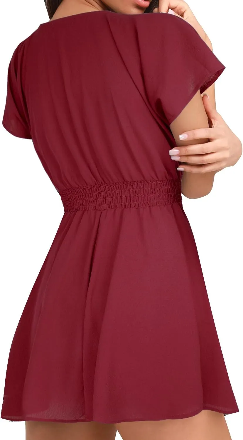 AGQT Women's Sexy V-Neck Self-Tie Front Romper Short Jumpsuit Playsuit Mini Outfit Dress Boho