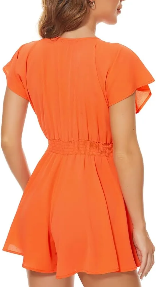 AGQT Women's Sexy V-Neck Self-Tie Front Romper Short Jumpsuit Playsuit Mini Outfit Dress Boho