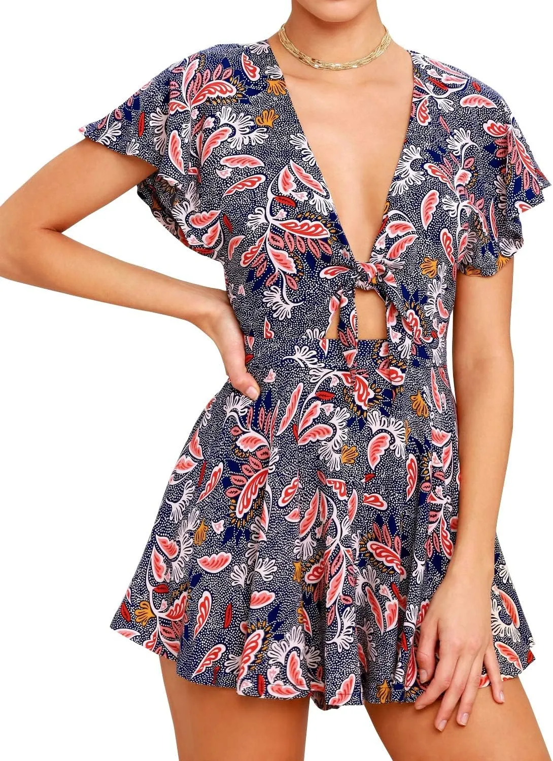 AGQT Women's Sexy V-Neck Self-Tie Front Romper Short Jumpsuit Playsuit Mini Outfit Dress Boho