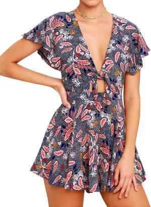 AGQT Women's Sexy V-Neck Self-Tie Front Romper Short Jumpsuit Playsuit Mini Outfit Dress Boho