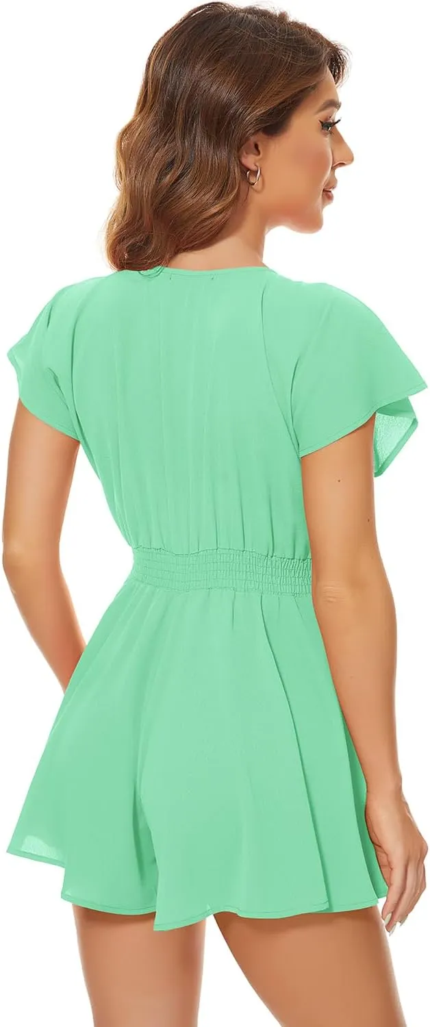 AGQT Women's Sexy V-Neck Self-Tie Front Romper Short Jumpsuit Playsuit Mini Outfit Dress Boho
