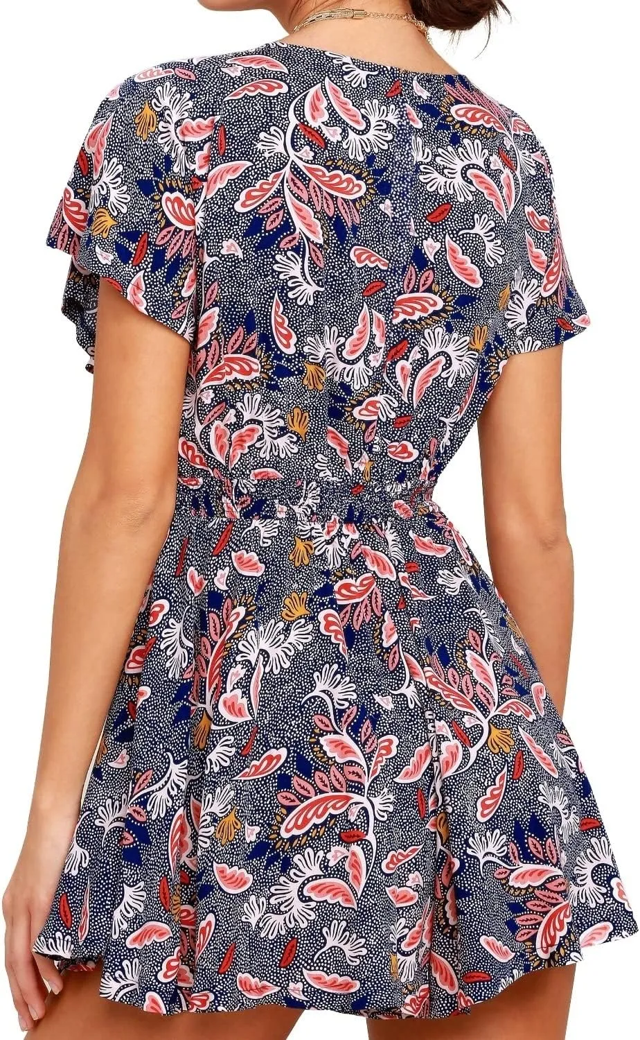 AGQT Women's Sexy V-Neck Self-Tie Front Romper Short Jumpsuit Playsuit Mini Outfit Dress Boho