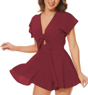 AGQT Women's Sexy V-Neck Self-Tie Front Romper Short Jumpsuit Playsuit Mini Outfit Dress Boho