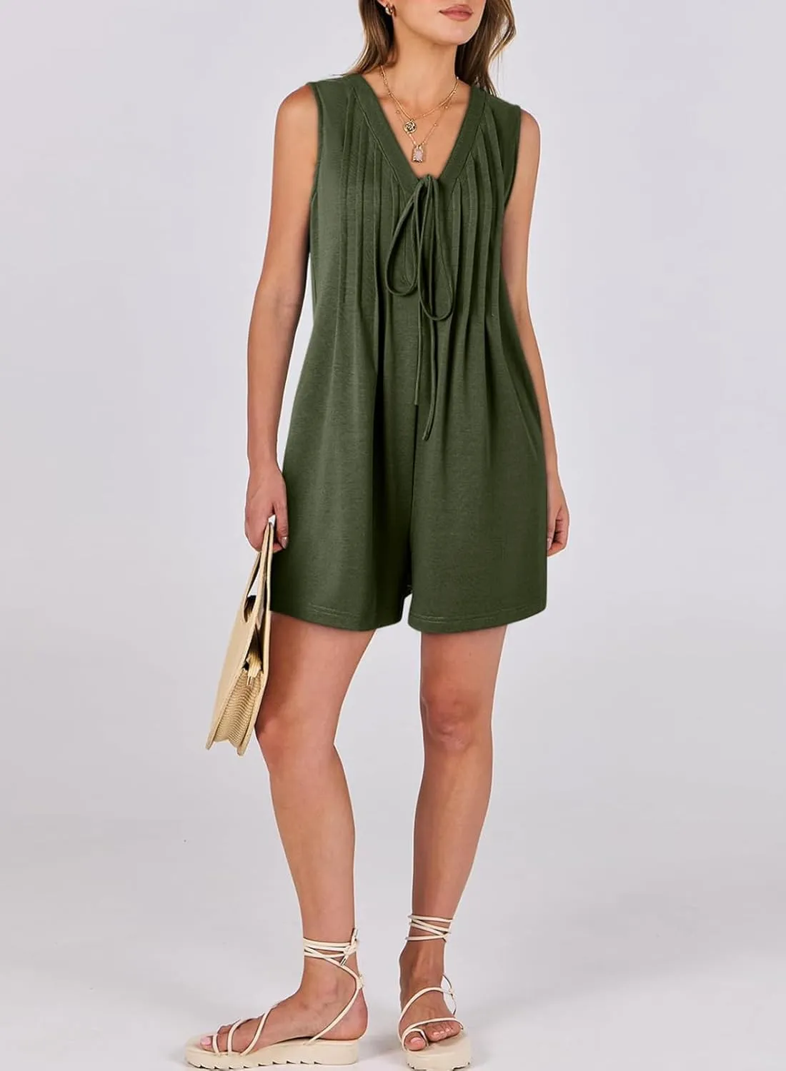 AlvaQ Womens Rompers Summer Loose Sleeveless Pleated Tie Front V Neck Shorts Jumpsuits with Pockets