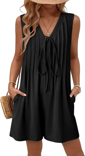 AlvaQ Womens Rompers Summer Loose Sleeveless Pleated Tie Front V Neck Shorts Jumpsuits with Pockets