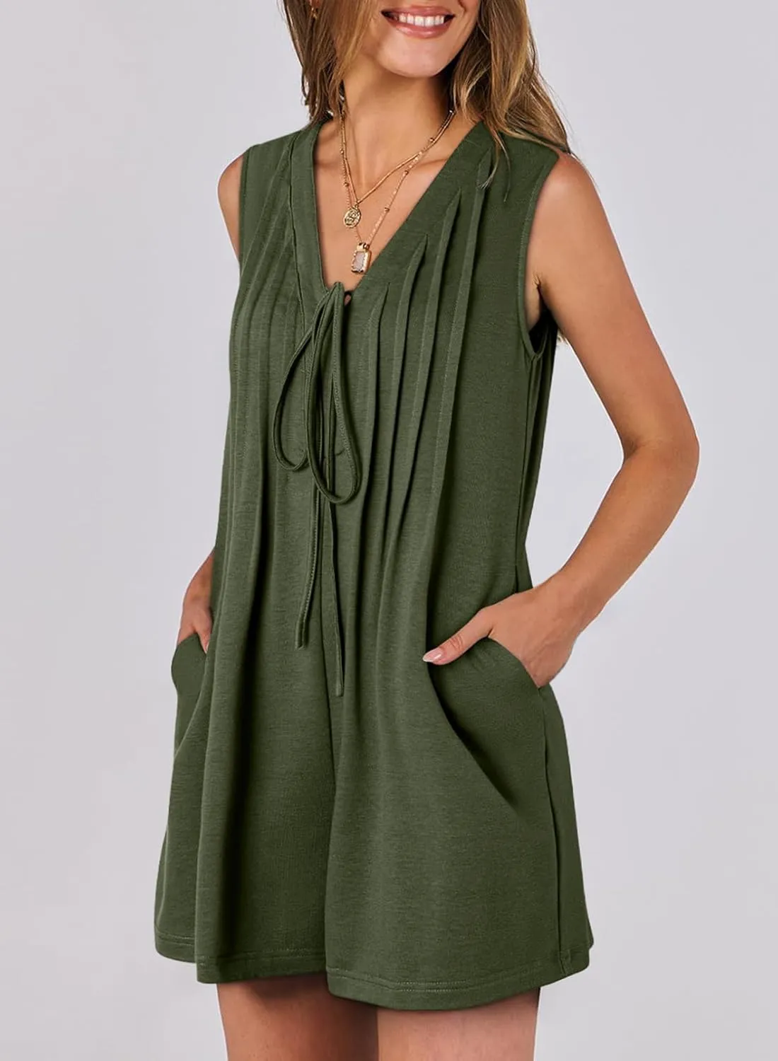 AlvaQ Womens Rompers Summer Loose Sleeveless Pleated Tie Front V Neck Shorts Jumpsuits with Pockets