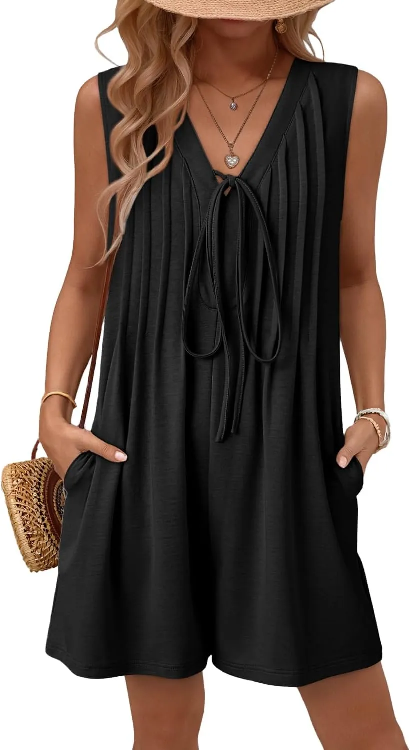 AlvaQ Womens Rompers Summer Loose Sleeveless Pleated Tie Front V Neck Shorts Jumpsuits with Pockets