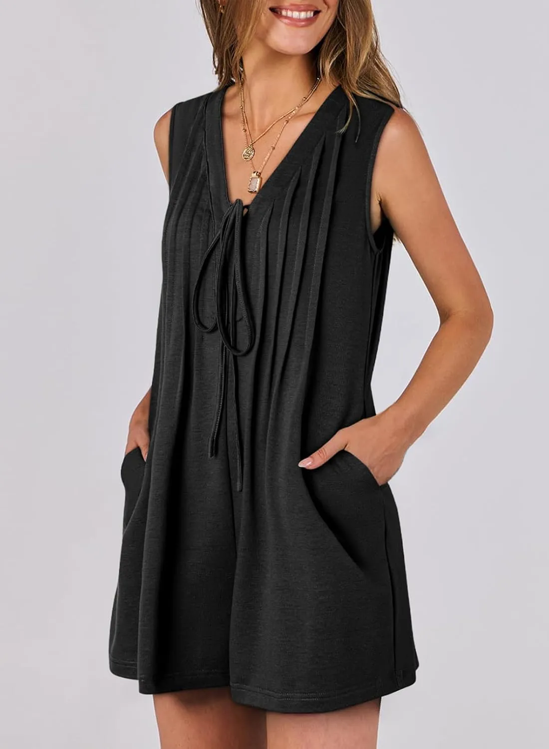 AlvaQ Womens Rompers Summer Loose Sleeveless Pleated Tie Front V Neck Shorts Jumpsuits with Pockets