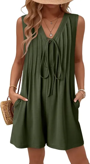 AlvaQ Womens Rompers Summer Loose Sleeveless Pleated Tie Front V Neck Shorts Jumpsuits with Pockets