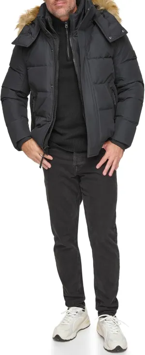 Andrew Marc Men's Short Quilted Inner Bib Attached Umbra Down Bomber with Hybrid Down Fill
