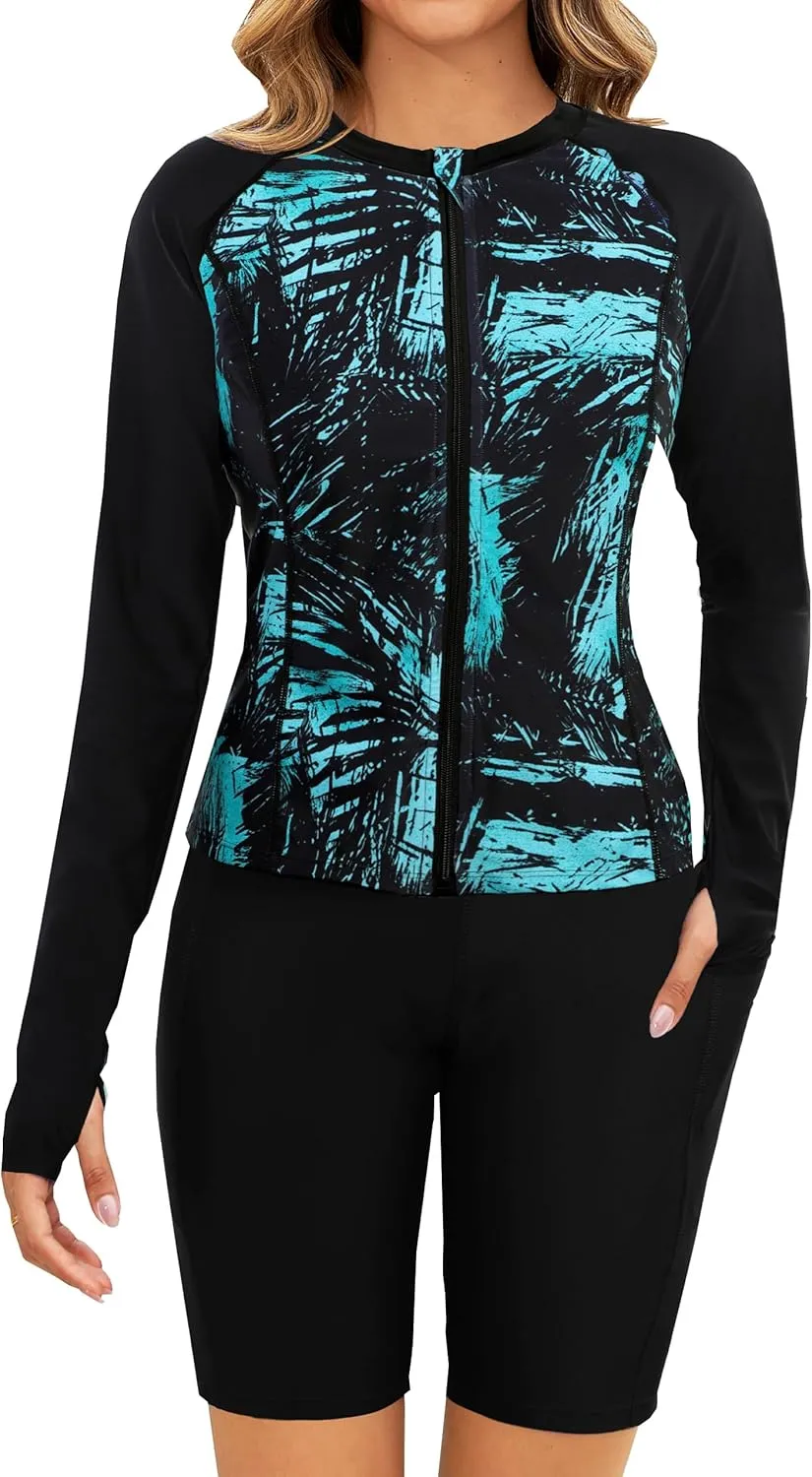 Arolina Womens Rash Guard Long Sleeve Swim Shirts Swimsuit 2025 Bathing Suit with Womens Swim Shorts & Two Pockets