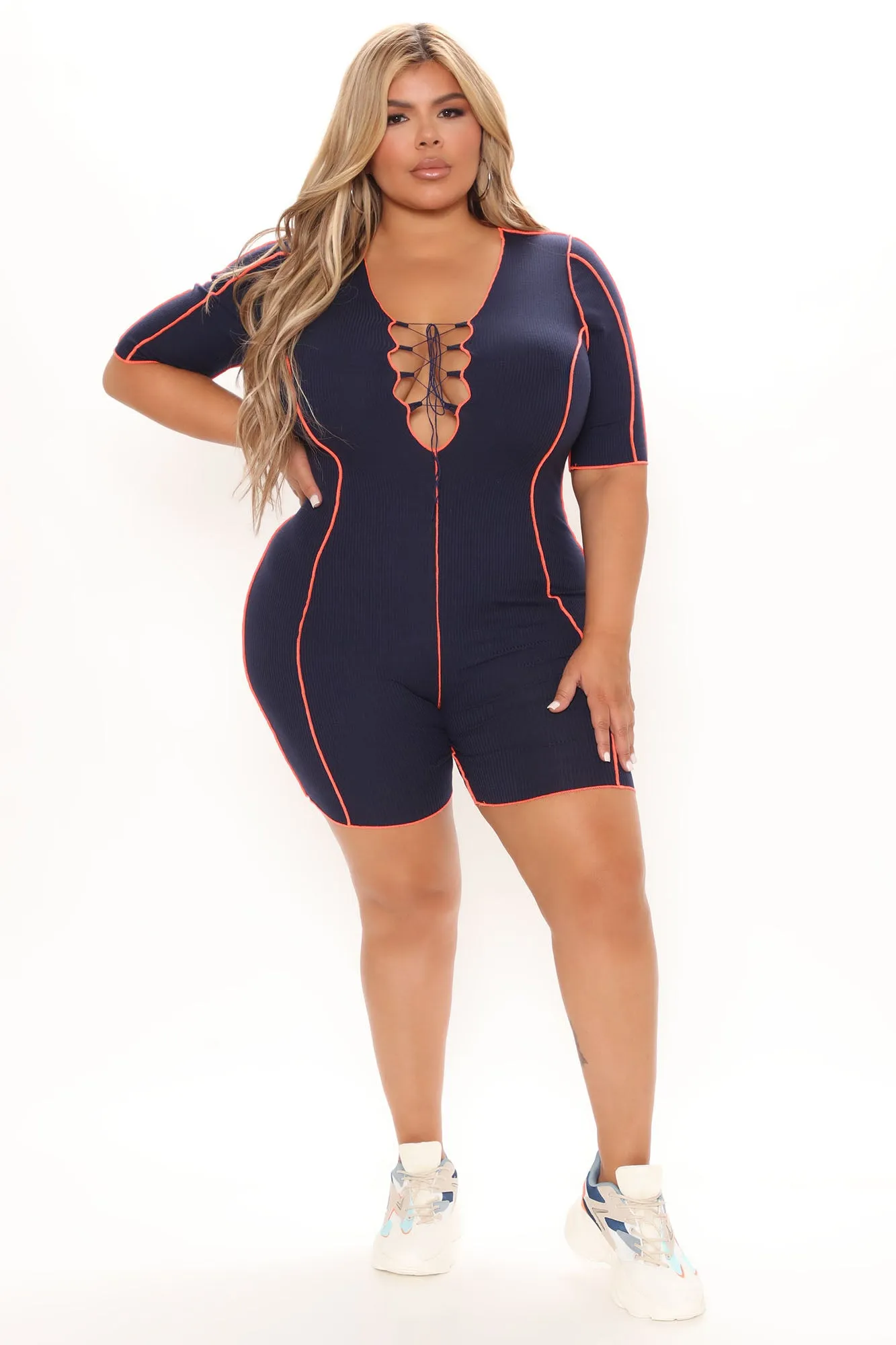 Ava Ribbed Romper - Navy/combo