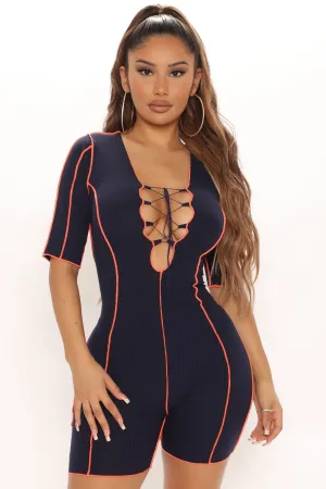 Ava Ribbed Romper - Navy/combo
