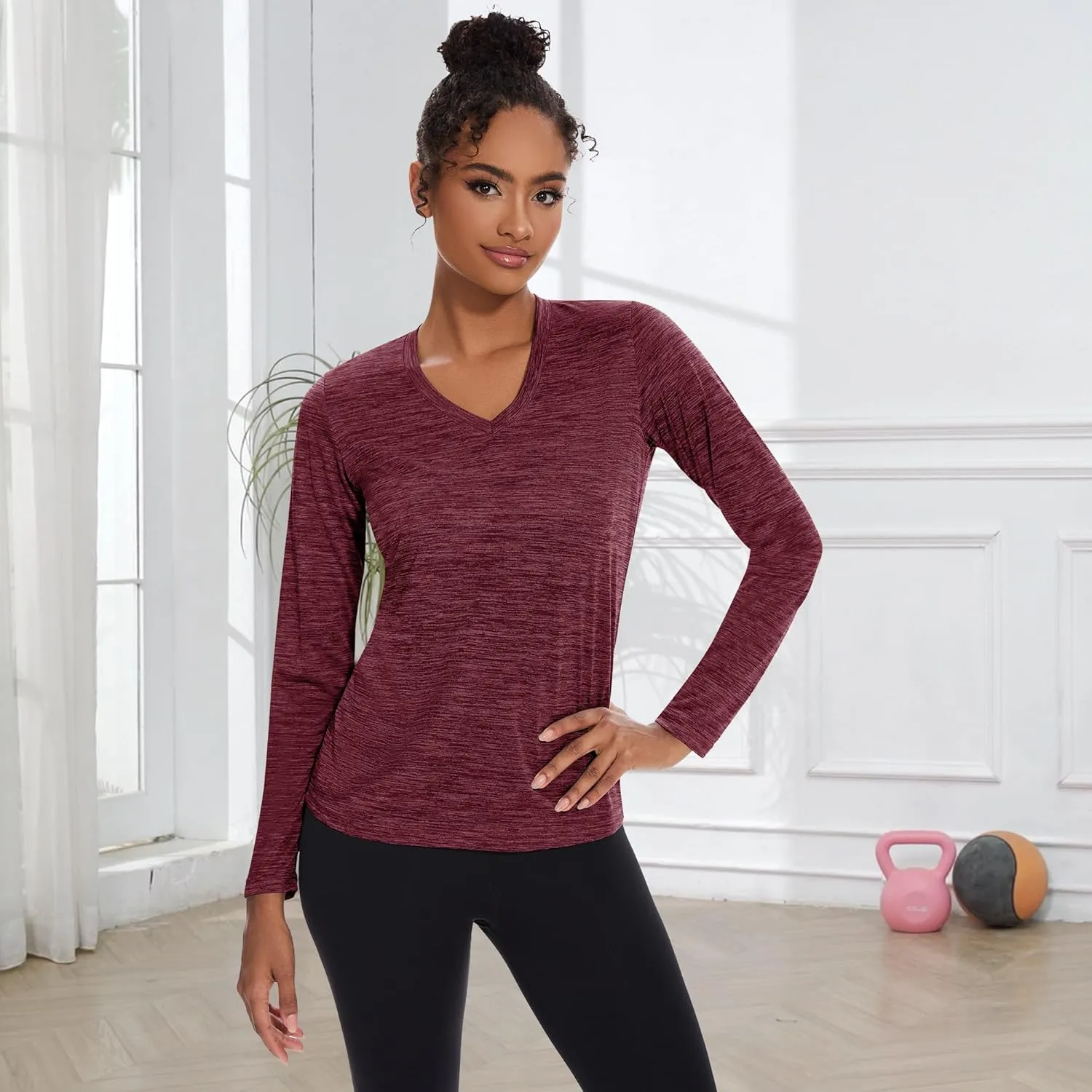 BALENNZ Long Sleeve Workout Shirts for Women V Neck Moisture Wicking Quick Dry Gym Athletic Top Shirts