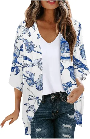 Beach Cover Ups for Women Summer Lightweight Floral Printed Chiffon Cardigan Dressy Casual Vacation Boho Blouses Tops
