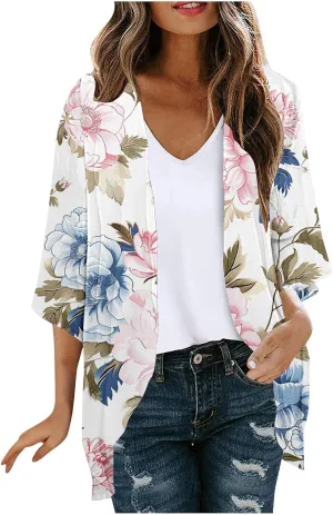 Beach Cover Ups for Women Summer Lightweight Floral Printed Chiffon Cardigan Dressy Casual Vacation Boho Blouses Tops