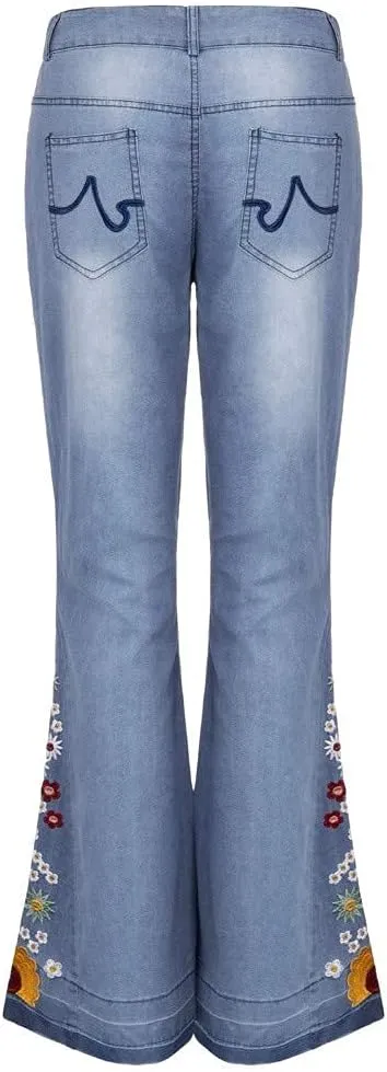 Bell Bottom Jeans Floral Embroidered Jeans Women Stretch Flare Jean Plus Size Bell-Bottoms Y2k Wide Leg Denim Pants