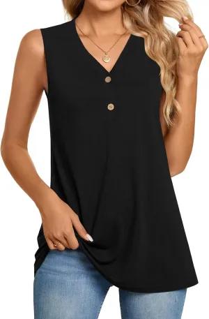 BISHUIGE Womens Henley Tunic Tops Button Up T-Shirts Sleeveless V-Neck Casual Blouses