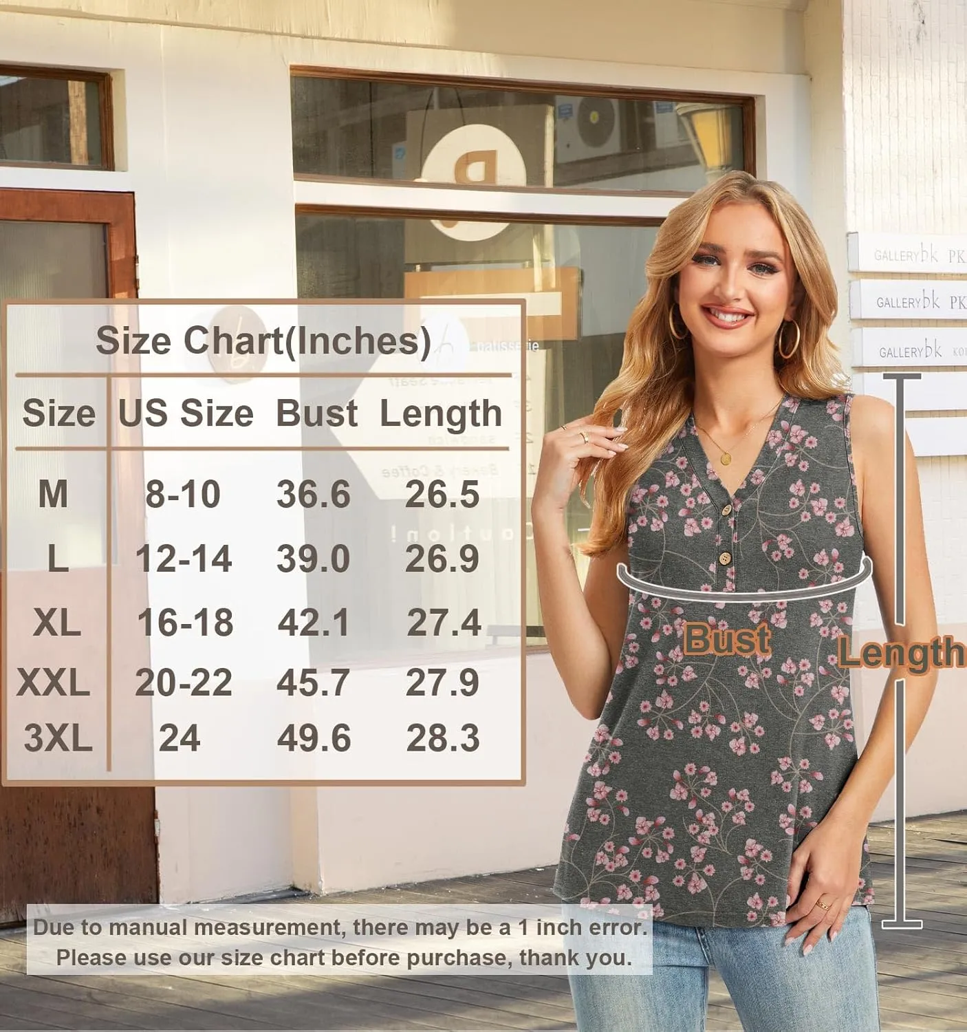 BISHUIGE Womens Henley Tunic Tops Button Up T-Shirts Sleeveless V-Neck Casual Blouses
