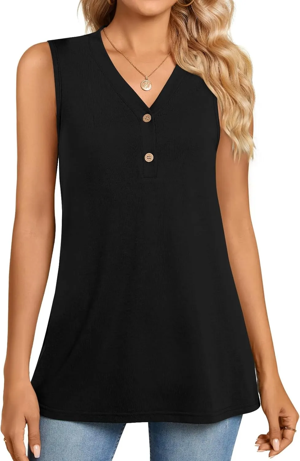 BISHUIGE Womens Henley Tunic Tops Button Up T-Shirts Sleeveless V-Neck Casual Blouses