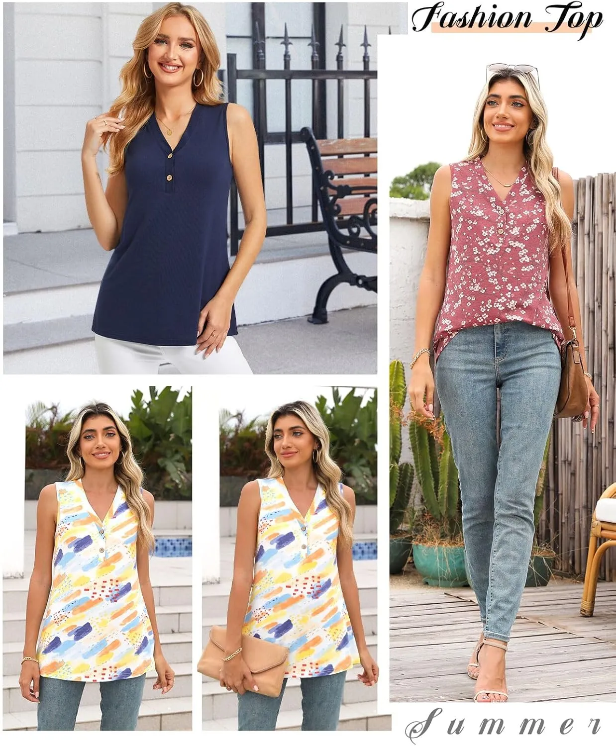 BISHUIGE Womens Henley Tunic Tops Button Up T-Shirts Sleeveless V-Neck Casual Blouses