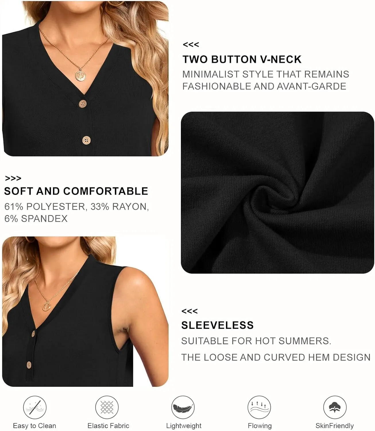 BISHUIGE Womens Henley Tunic Tops Button Up T-Shirts Sleeveless V-Neck Casual Blouses
