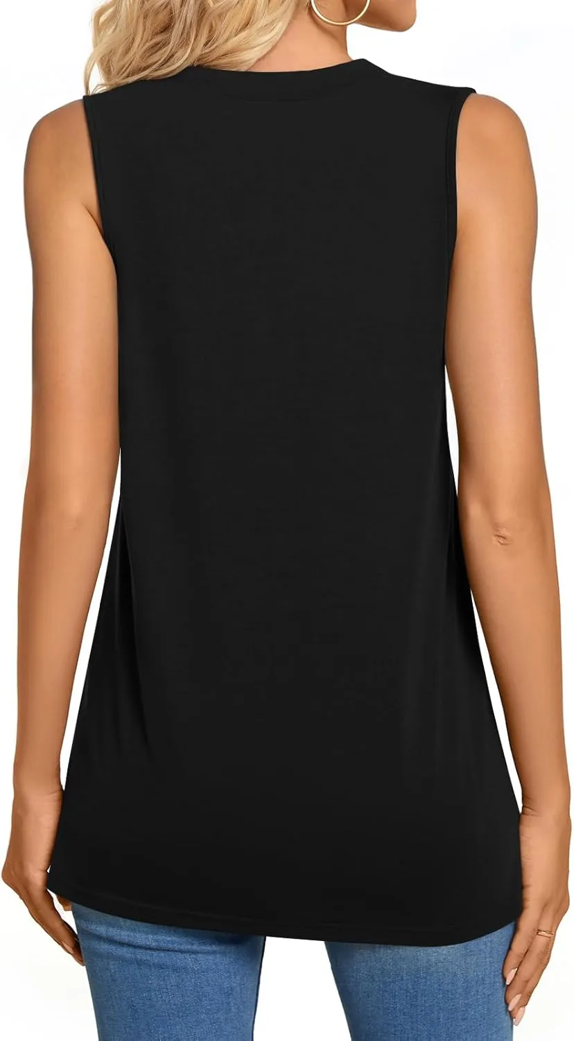BISHUIGE Womens Henley Tunic Tops Button Up T-Shirts Sleeveless V-Neck Casual Blouses