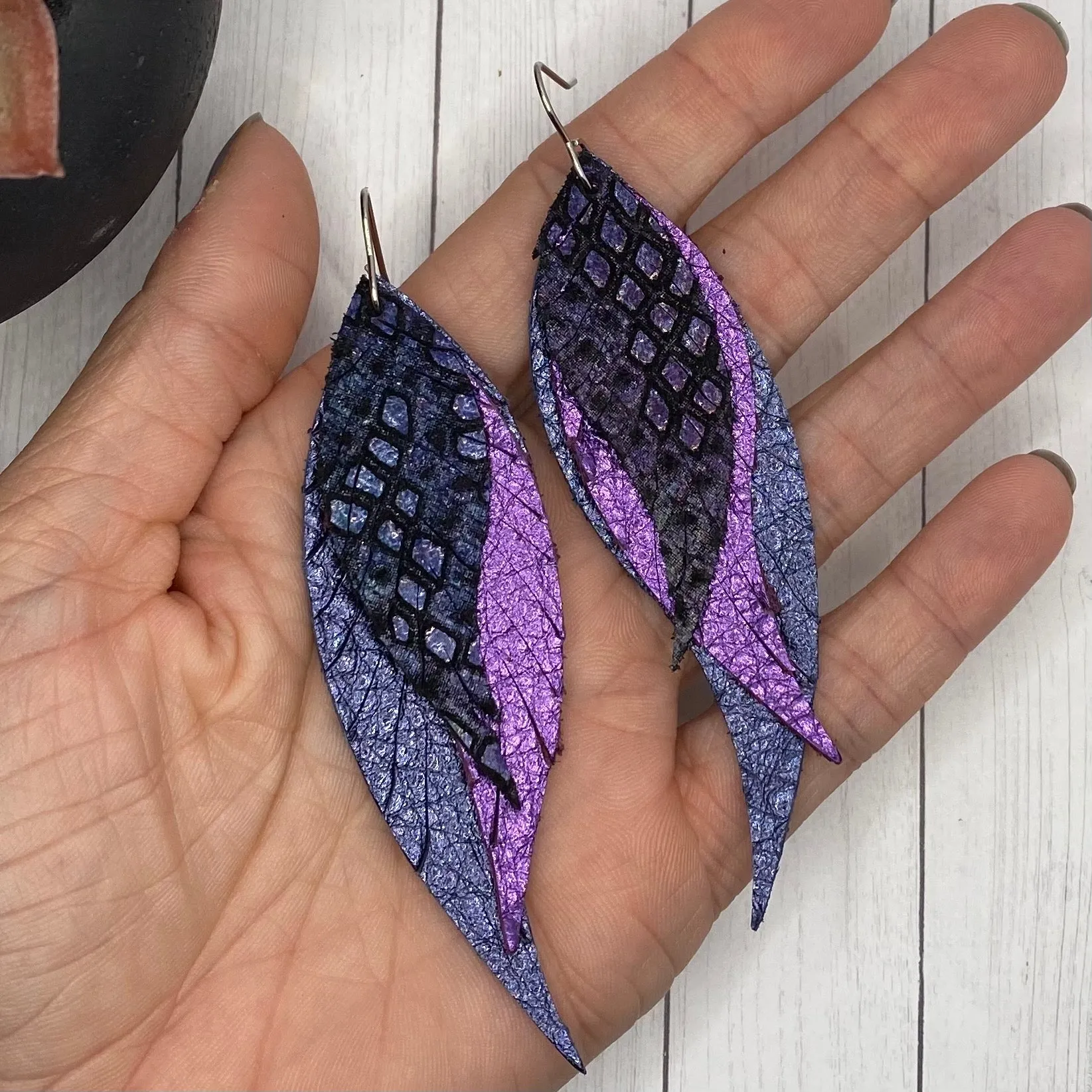 Black and Purple Scale Leather Feather Earrings