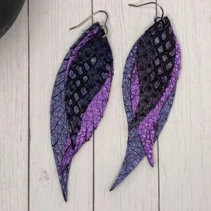Black and Purple Scale Leather Feather Earrings