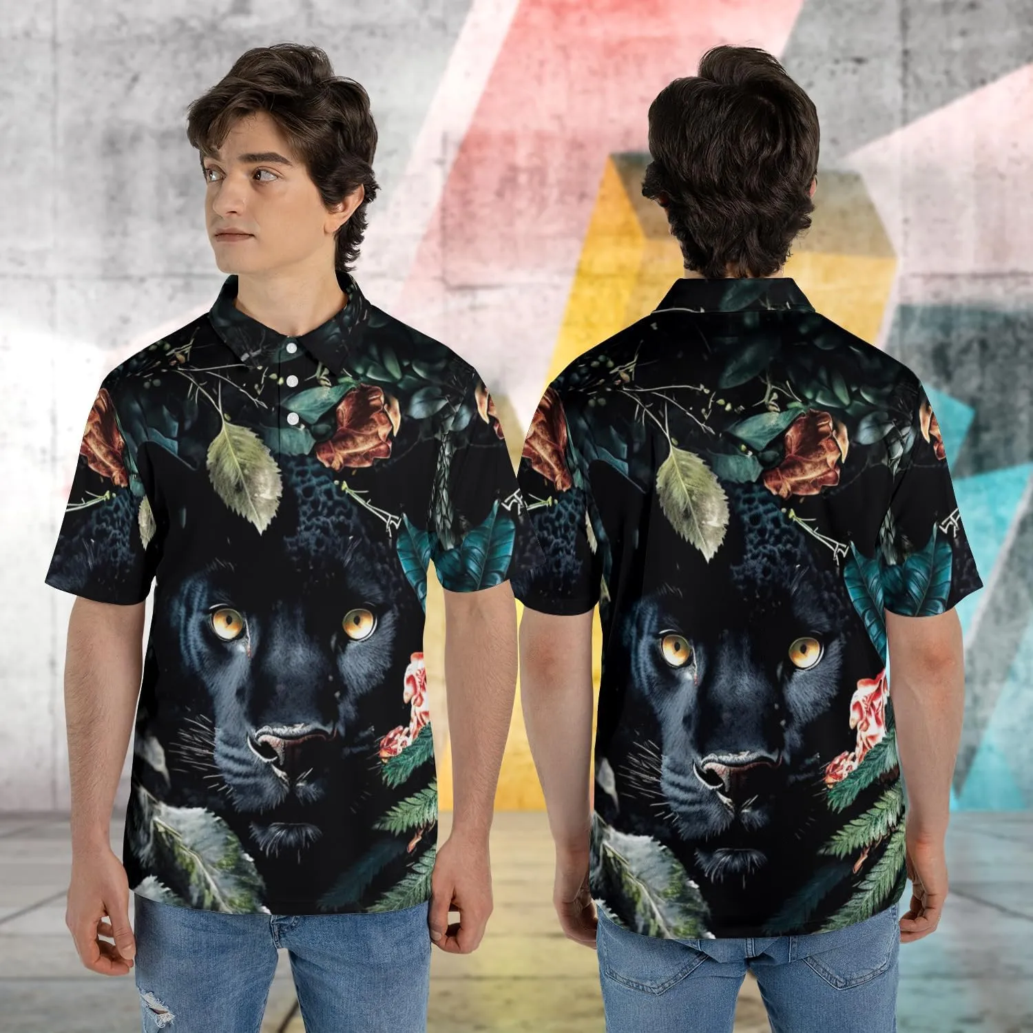Black Jaguar Polo Shirts for Men - Panther Cat Mens Quick Dry Short Sleeve Polo Shirts Series 18