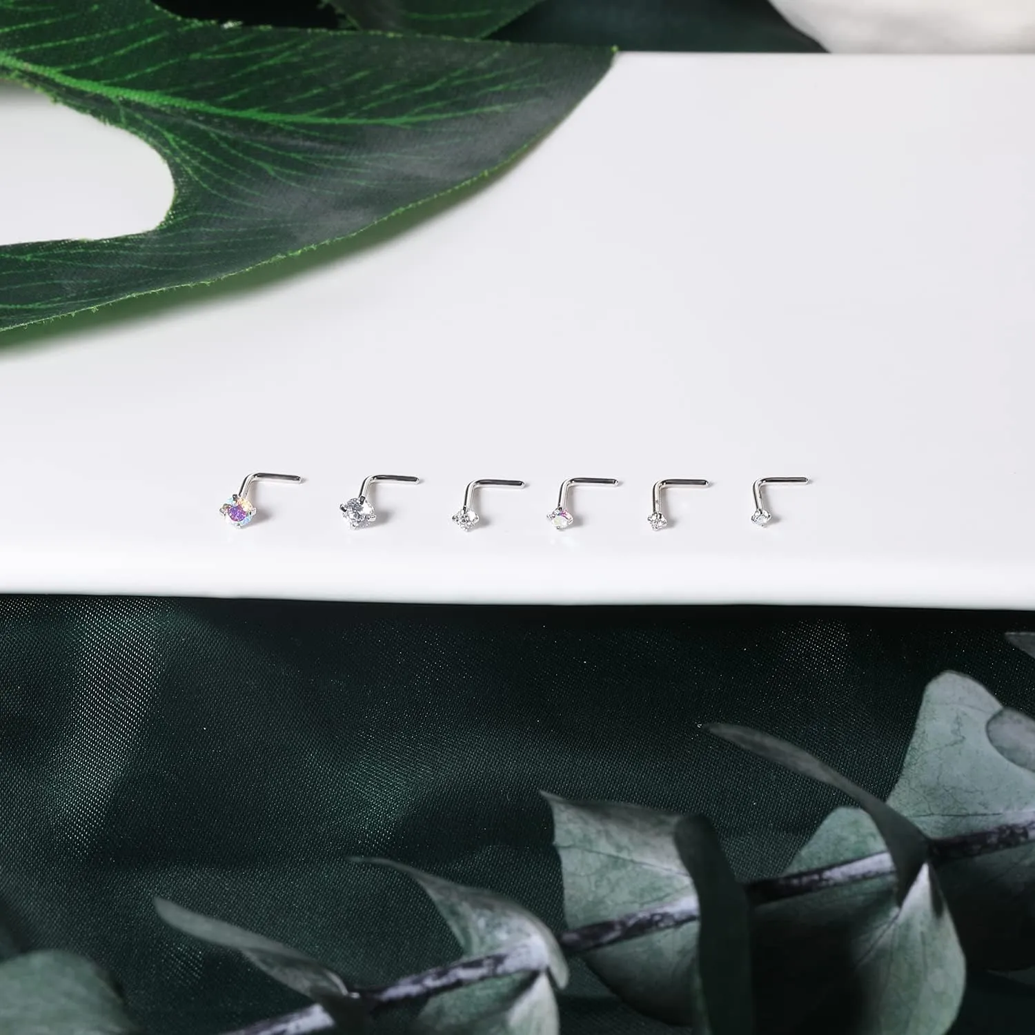 BodyAce 18K White Gold Nose Rings for Women Men, 20g Real Solid 18k Nose Rings Studs, Simulated Diamond Nose Piercing Jewelry 1.5mm 2mm 3mm